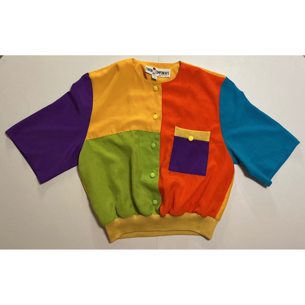 VTG USA Made 80s 90s Color Block Button Up Top Kidcore Oversized Women M Circus